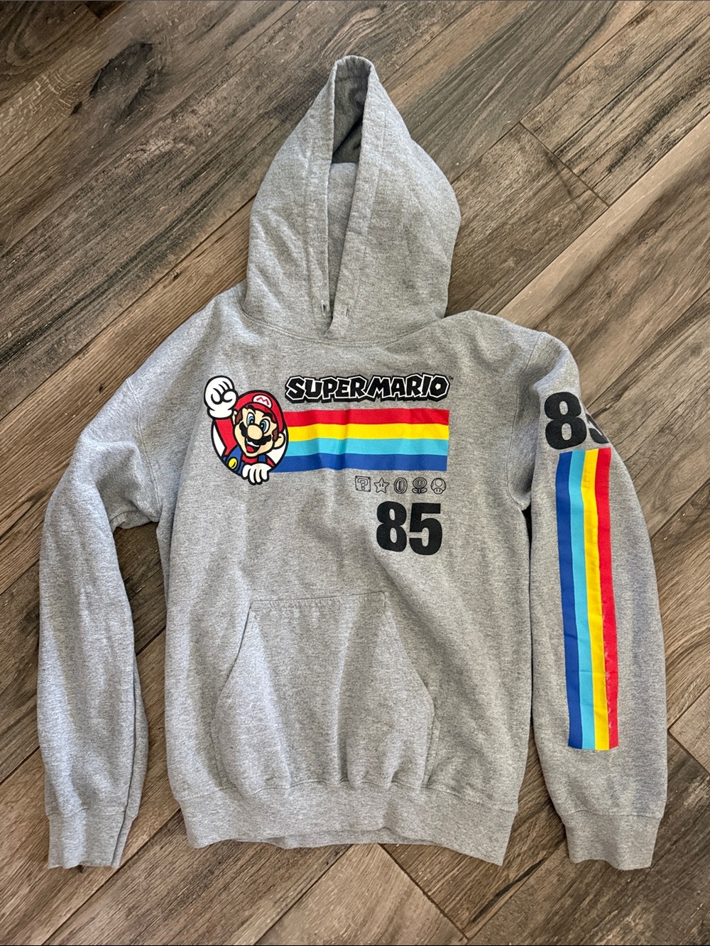 Super Mario Hoodie with Rainbow Stripe and '85'